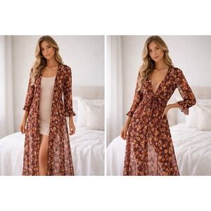 Semi Sheer Floral Maxi Duster Tie-Front Dress Boho Romantic Style Autumn Rust M